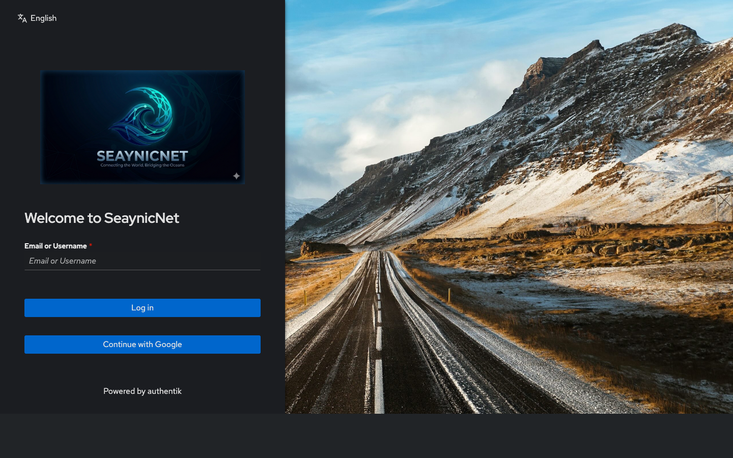Authentik login — "Welcome to SeaynicNet" with Continue with Google