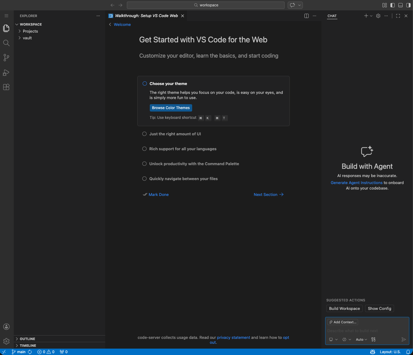 VS Code running in a browser tab with Projects, vault, and Claude Code chat panel open