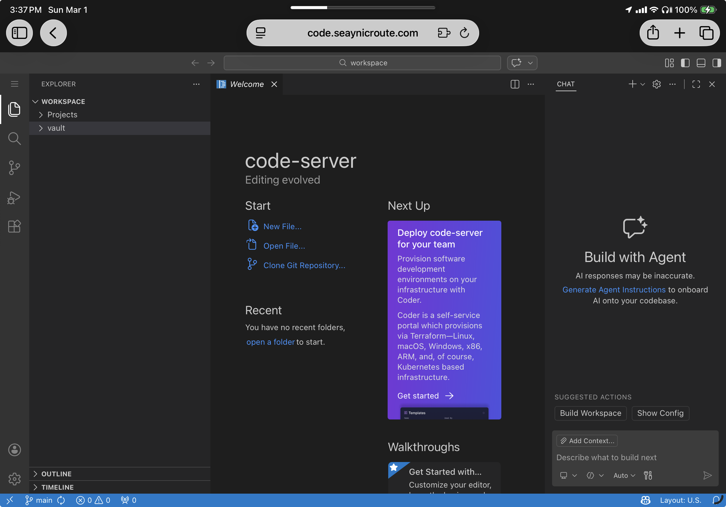 code-server open on iPad at code.seaynicroute.com
